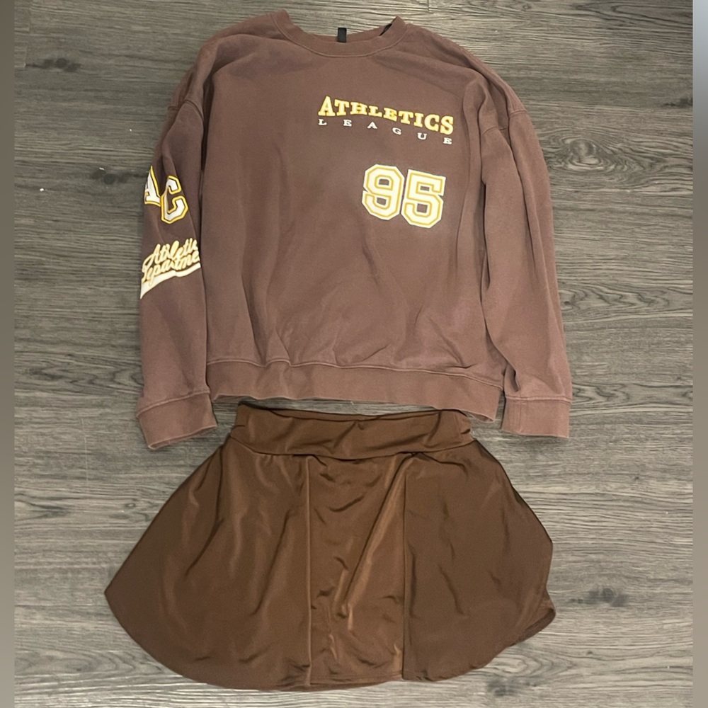 Brown oversized  Athletics League Sweatshirt and tennis Skirt Set